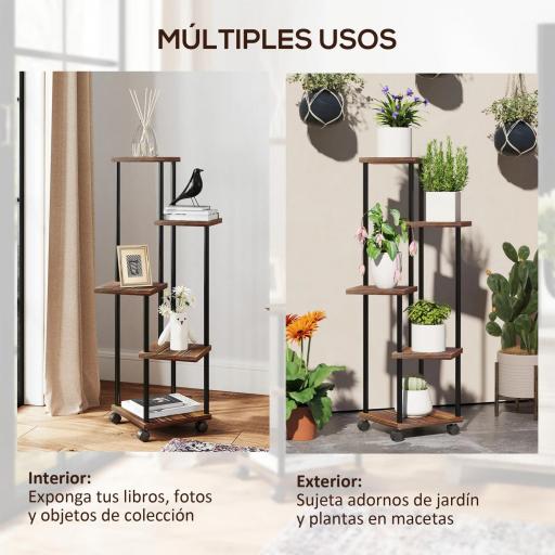 Soporte para Plantas de Madera y Acero de 3 Niveles con 5 Estantes Cuadradas y 4 Ruedas 59x59x110 cm Carbonizado [4]