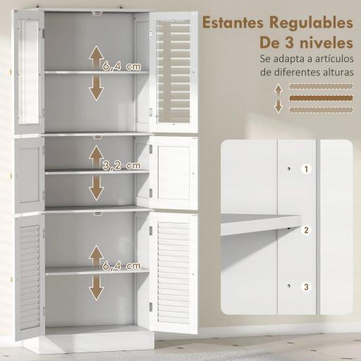 Columna de Baño Estrecha con Puertas de Vidrio Puertas de Lamas Estantes Ajustables 60x30x170 cm Blanco  [4]