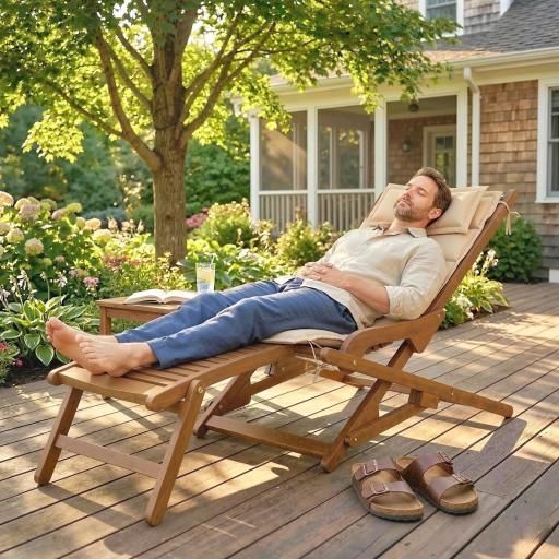 Tumbona Silla Plegable de Madera con Reposapiés Desmontable y Cojín con Reposacabezas Carga 160 kg 158x61x70 cm Beige [7]