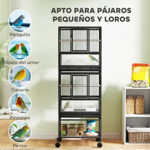 Jaula para Pájaros de 2 Niveles con Paneles Acrílicos Comederos Perchas Ruedas y Estante Inferior 48x46x134,5 cm Negro [2]