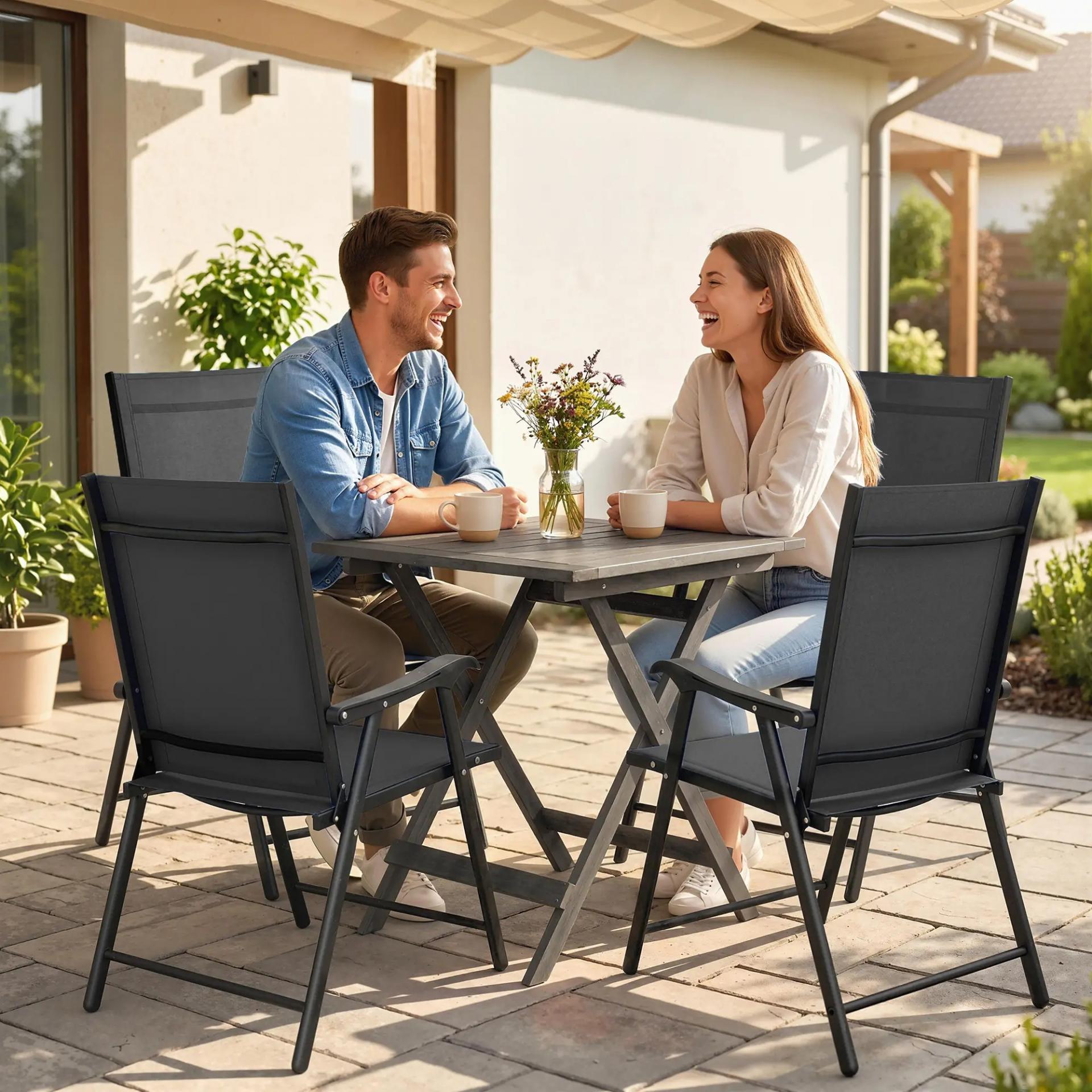 Conjunto de 4 Sillas de Jardín Exterior Plegables con Respaldo Alto y Reposabrazos para Terraza Playa 58x62x97 cm Negro