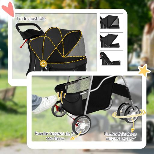 Carrito para Perros Pequeños con Cesta de Almacenaje Portavasos Ruedas y Cojín Lavable 77x44x102 cm Negro [5]