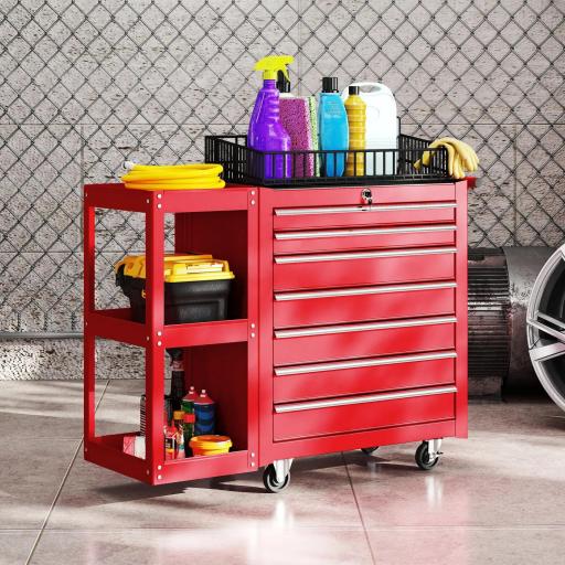 Carro de Herramientas con 7 Cajones Estantería de 3 Niveles Desmontable Sistema de Cierre Central Asa Rojo