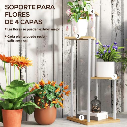 Soporte para Plantas de Madera y Acero de 4 Niveles con 4 Estantes Cuadrados 53x42x85 cm Natural y Blanco [4]
