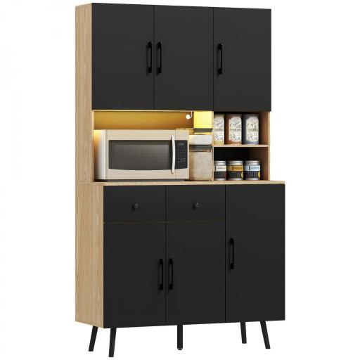 Alacena de Cocina con Luces LED RGB con 6 Puertas 2 Cajones Encimera y Orificio para Cables 100x40x176 cm Negro y Roble [8]