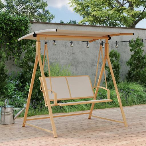 Columpio de Jardín de 2 Plazas con Toldo Ajustable y Estructura Triangular de Metal Carga 220 kg 160x112x162 cm Caqui [6]
