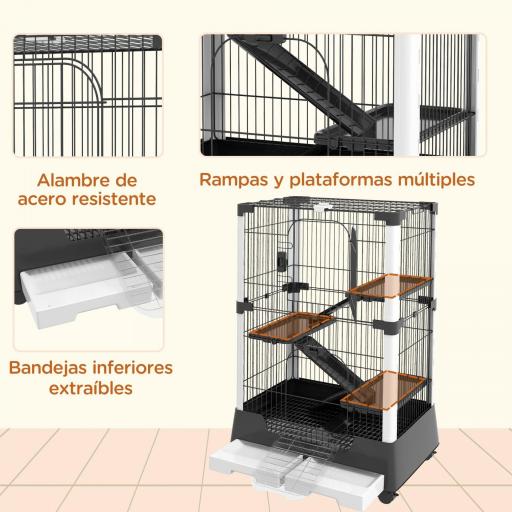 Jaula para Animales Pequeños con Ruedas 114x75x50 cm Valla para Mascotas con 3 Plataformas 3 Rampas Bandejas Extraíbles [2]