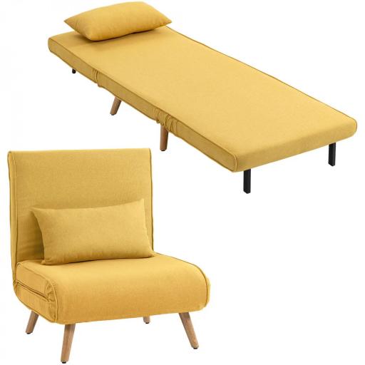 Sofá Cama Individual Plegable con Respaldo Ajustable 5 Posiciones Sillón Cama Tapizado con Cojín 72x75x85 cm Amarillo [8]