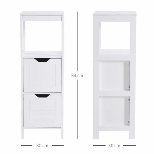 Armario de Baño Gabinete Multifuncional con Estante Abierto 2 Cajones de Almacenaje Diseño Antivuelco 30x30x89 cm Blanco [2]