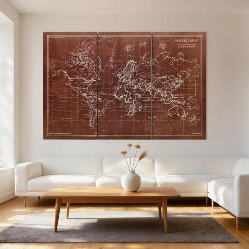 Cuadros en Lienzo Trípticos Mapamundi Vintage a Mano 120x60 cm con Marco de Madera Decoración para Dormitorio Marrón