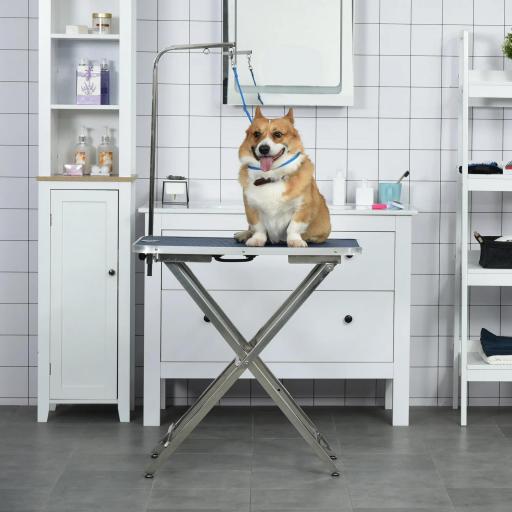 Mesa de Peluquería para Mascotas con Encimera Antideslizante Patas Plegables Asa y Brazo 72x45x74-81 cm Azul [3]