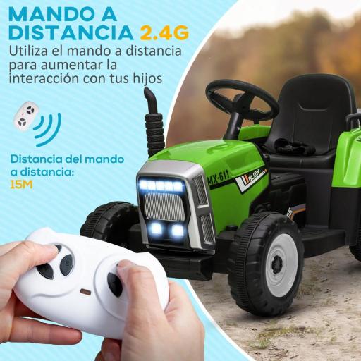 Tractor Eléctrico con Remolque para Niños 3-6 Años con Control Remoto y Cinturón de Seguridad 136,5x50x52,5 cm Verde [3]
