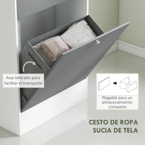 Armario de Baño con Cesto Ropa Sucia Espejo Cajón Compartimentos y Estantes Ajustables 62x28,3x181 cm Blanco y Gris [7]