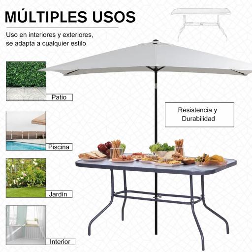 Mesa de Jardín Exterior Rectangular de Metal Bordes Curvos con Orificio para Sombrilla Capacidad 70kg Vidrio Templado 140x80x70 cm Gris Carbón [4]