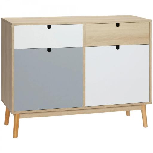 Aparador Auxiliar Mueble de Almacenamiento de Salón con 2 Armarios Cerrados y 2 Cajones Patas Elevadas de Madera de Pino para Cocina Dormitorio Entrada 100x40x79,5 cm Multicolor [8]