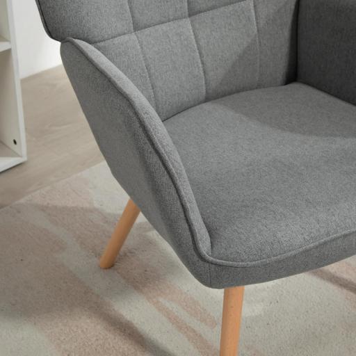 Butaca de Dormitorio con Respaldo Alto Reposabrazos Tela de Lino y Patas de Madera para Sala de Estar 71x76x101 cm Gris [3]