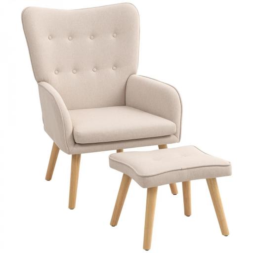 Sillón con Reposapiés Sillón Lectura con Respaldo Alto Capitoné Patas de Madera y Tapizado en Lino Beige [9]