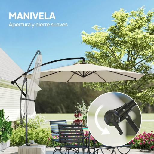 Parasol Excéntrico Ø300 cm con Base Cruzada Toldo Ajustable y Manivela UPF30+ para Terraza Patio Blanco Crema [5]