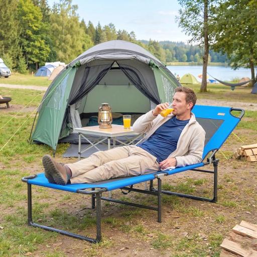 Tumbona Plegable con Respaldo Ajustable en 4 Posiciones Asas y Respaldo de Textilene Carga 120 kg 175x58x68 cm Azul [4]