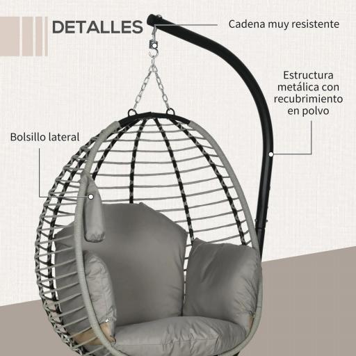 Silla Colgante con Soporte Cesta Plegable Cojín y Reposacabezas para Interior y Exterior Carga 120 kg Gris y Negro [4]