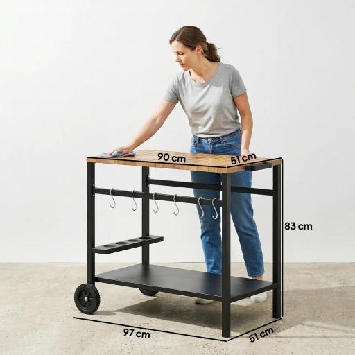Carrito de Barbacoa de 2 Niveles Mesa Auxiliar para Barbacoa Móvil con Ruedas Portabebidas Ganchos Asa Negro y Marrón [1]