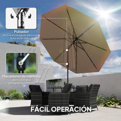 Sombrilla de Jardín Ø265 cm con 32 Luces LED Solares Manivela y Poste de Acero para Patio Terraza Caqui [4]