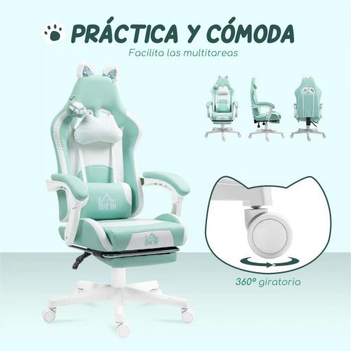 Silla Gamer Reclinable con Altura Ajustable Reposapiés Retráctil Soporte Lumbar y Reposacabezas Desmontable Verde Menta [4]