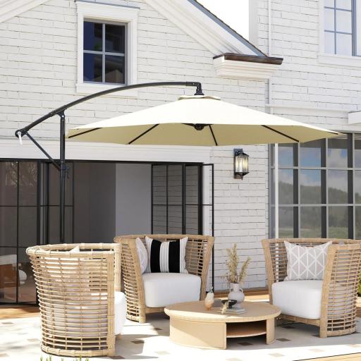 Sombrilla de Jardín Ø300x250 cm Parasol Excéntrico Inclinable con Manivela Base Cruzada y Soporte de Metal 8 Varillas para Terraza Exterior Balcón Beige [0]