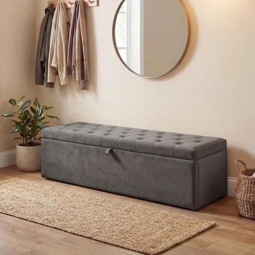 Puff Almacenaje, Banco Almacenaje 141L 137x41x42 cm Tapizado en Terciopelo Baúl de Almacenamiento Carga 240 kg Gris [5]