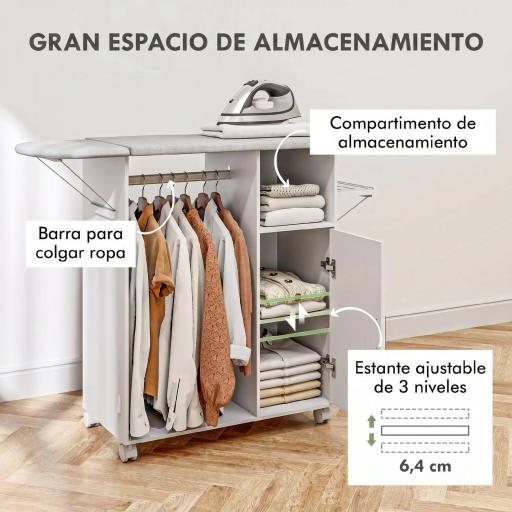 Mueble de Planchar con Ruedas Barra para Colgar Ropa Estante Abierto y Tablero Plegable 127x42,5x99 cm Blanco [6]