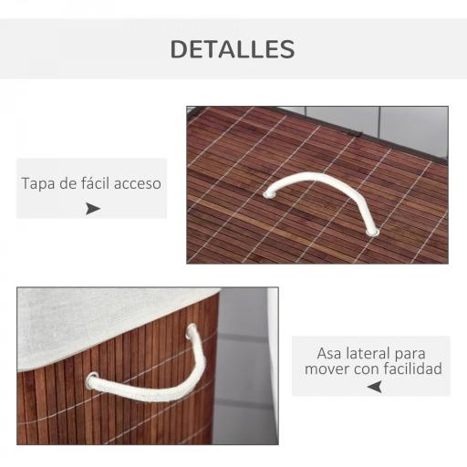 Cesto para Ropa Sucia de Bambú Capacidad de 100L Cesta para la Colada Rectangular con Tapa Extraíble Bolsa de 2 Compartimentos 52x32x63 cm Marrón [5]