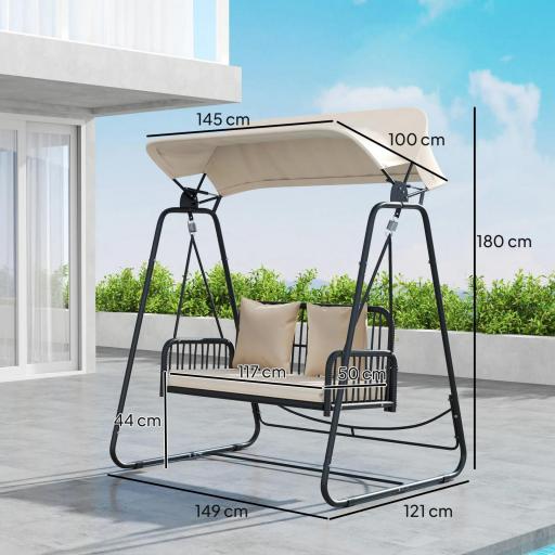 Balancín de Jardín de 2 Plazas con Toldo Retráctil Cojines y Estructura de Acero con Ratán PE 149x121x180 cm Caqui [1]