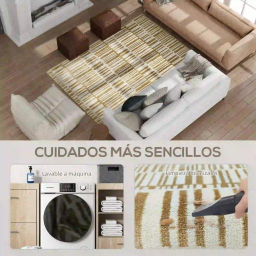 Alfombra Salón 170x120 cm Lavable en Lavadora Pelo Corto Estilo Moderno Tapete para Sala de Estar Dormitorio Crema [5]