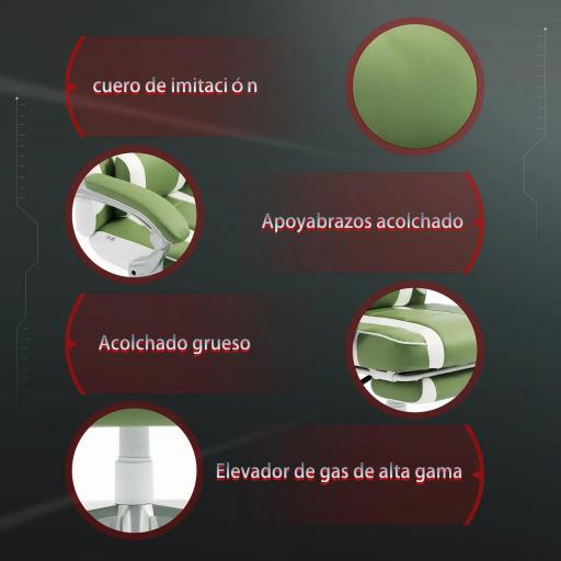Silla Gamer Reclinable con Altura Ajustable Reposapiés Retráctil Soporte Lumbar y Reposacabezas Desmontable Verde [5]