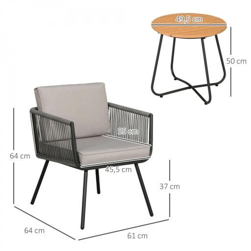 Conjunto de Muebles de Jardín de Ratán 3 Piezas Incluye 1 Mesa y 2 Sillones con Cojines Acolchados Gris [1]