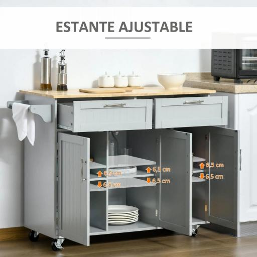 Carro de Cocina con Ruedas Isla de Cocina con 2 Cajones y Barra para Colgar para Comedor 121x46x91 cm Gris [7]