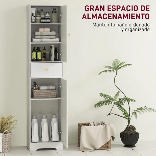 Armario Alto de Baño Estrecho con 2 Puertas Arqueadas Cajón y Estantes Ajustables Moderno 40x29,5x170 cm Blanco Veteado [5]