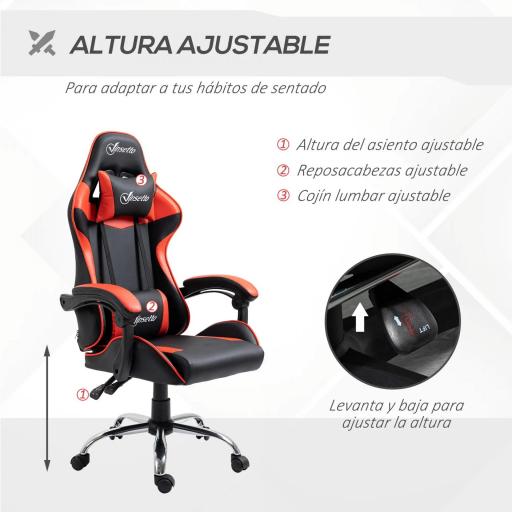 Silla Gaming Silla Racing Giratoria con Altura Ajustable Reclinable de 135° y Cojín Lumbar 63x67x122-130 cm Rojo [5]