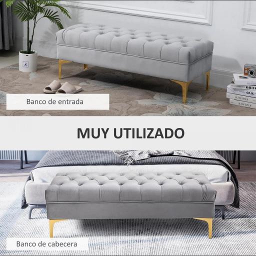 Taburete Pie de Cama Banco de Dormitorio con Asiento Acolchado y Patas Metálicas para Entrada Pasillo 118x45x42 cm Gris [2]