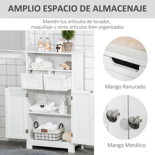 Armario de Baño con 2 Puertas Estante Ajustable 2 Cajones y Compartimento Abierto Mueble Auxiliar de Almacenaje para Salón Cocina 60x30x108,8 cm Blanco [6]