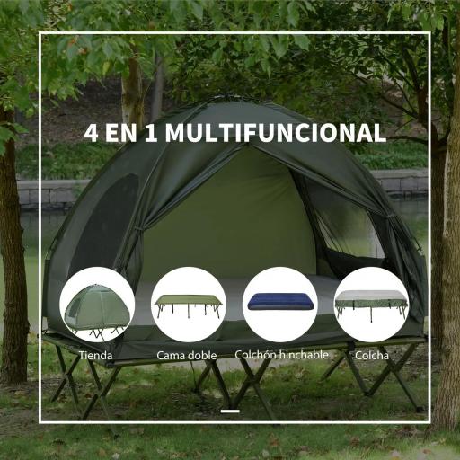 Cama Doble de Camping Plegable con Tienda de Campaña 4 en 1 Cama de Campamento Elevada con Colchón Hinchable y Bolsa de Transporte Tela Oxford Acero 193x145x180 cm Verde [2]