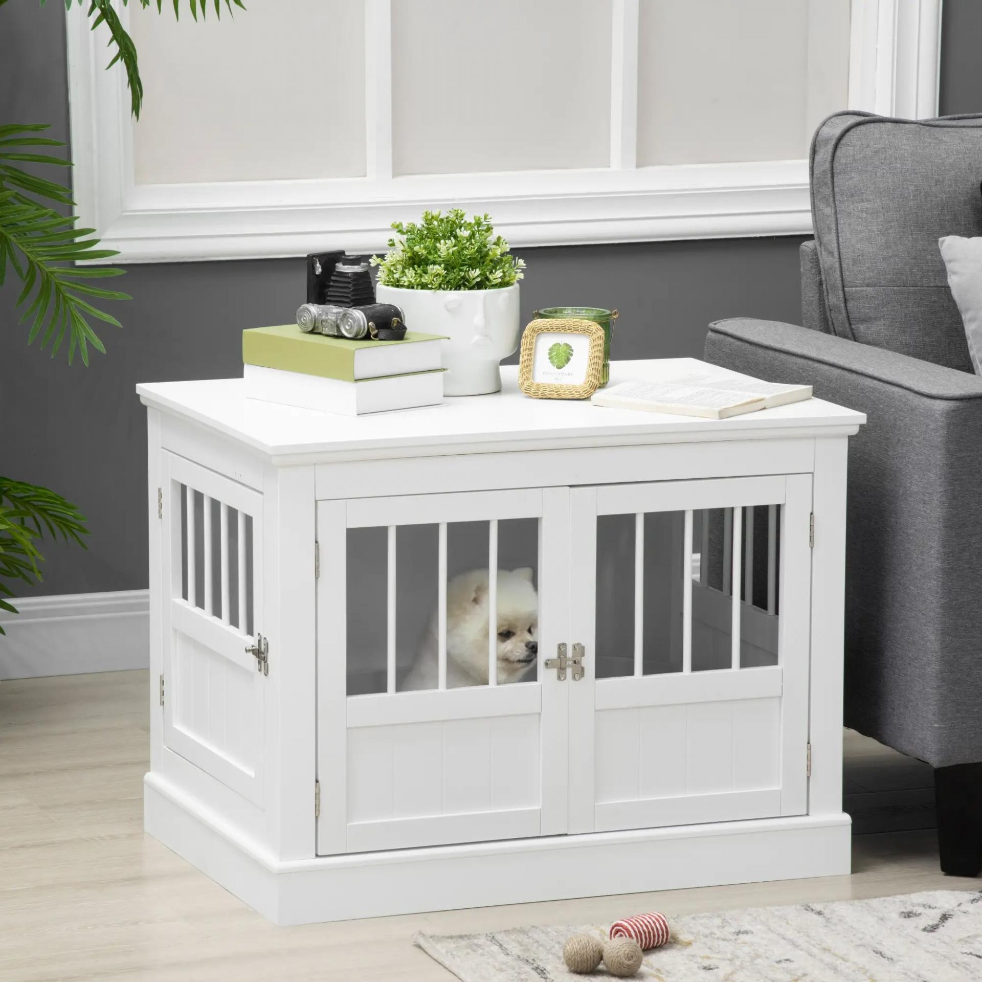 Jaula para Perros Pequeños Mesa Auxiliar Moderna con 3 Puertas Francés con Cierre Magnético 78x53x59,3 cm Blanco