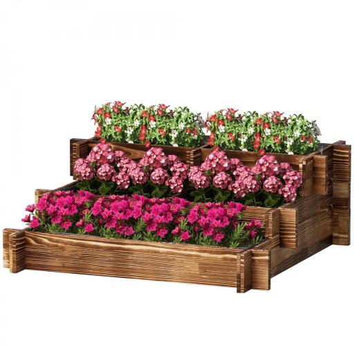 Arriate de Jardín de 3 Niveles con Diseño de Escalera y Tela no Tejida para Cultivos Flores 93x93x35 cm Carbonizado [7]