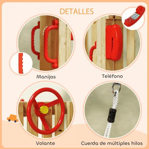 Parque Infantil Exterior de Madera con Columpio Tobogán Volante Bocina Teléfono para Patio Césped Rojo y Natural [2]