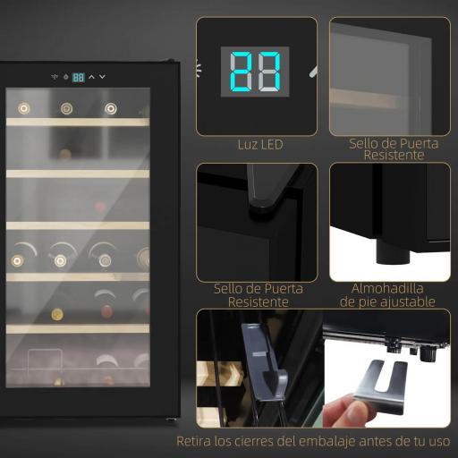 Nevera Vinos 24 Botellas 65L con Luz LED Interior Pantalla Táctil Puerta de Vidrio y 5 Estantes de Metal Negro [6]