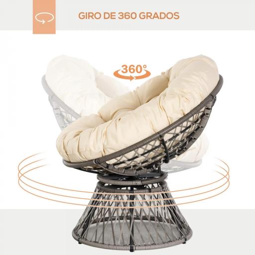 Sillón Papasan Giratorio de Ratán Sintético con Cojín Carga 160 kg para Exterior Jardín Terraza 87x97x86 cm Gris y Crema [4]