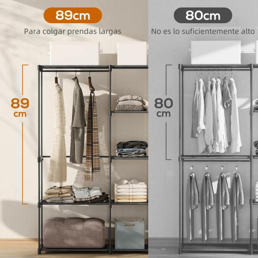 Armario de Ropa 182x43x185 cm Armario Abierto con 8 Estantes de Tela Barras para Colgar Marco de Metal Negro [2]