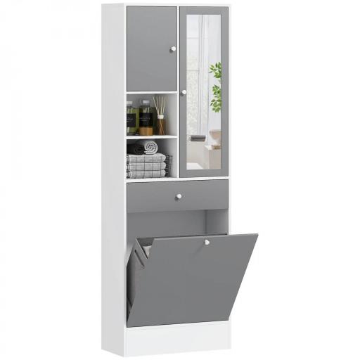 Armario de Baño con Cesto Ropa Sucia Espejo Cajón Compartimentos y Estantes Ajustables 62x28,3x181 cm Blanco y Gris [9]