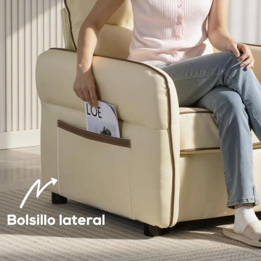 Sofá de 3 Plazas Tapizado en Cuero Sintético Acolchado Grueso Asiento Ancho Reposabrazos Bolsillo Montaje Rápido Beige [5]