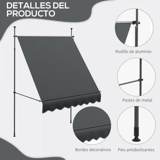 Toldo Manual Retráctil con Manivela 200x120x210-300 cm con Altura Ajustable Impermeable y Anti-UV Gris Oscuro [3]